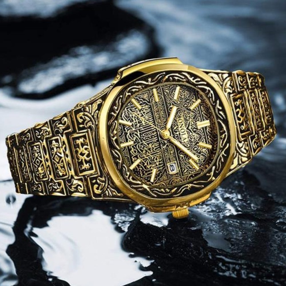 Mens Gold Carved Luxury Watch